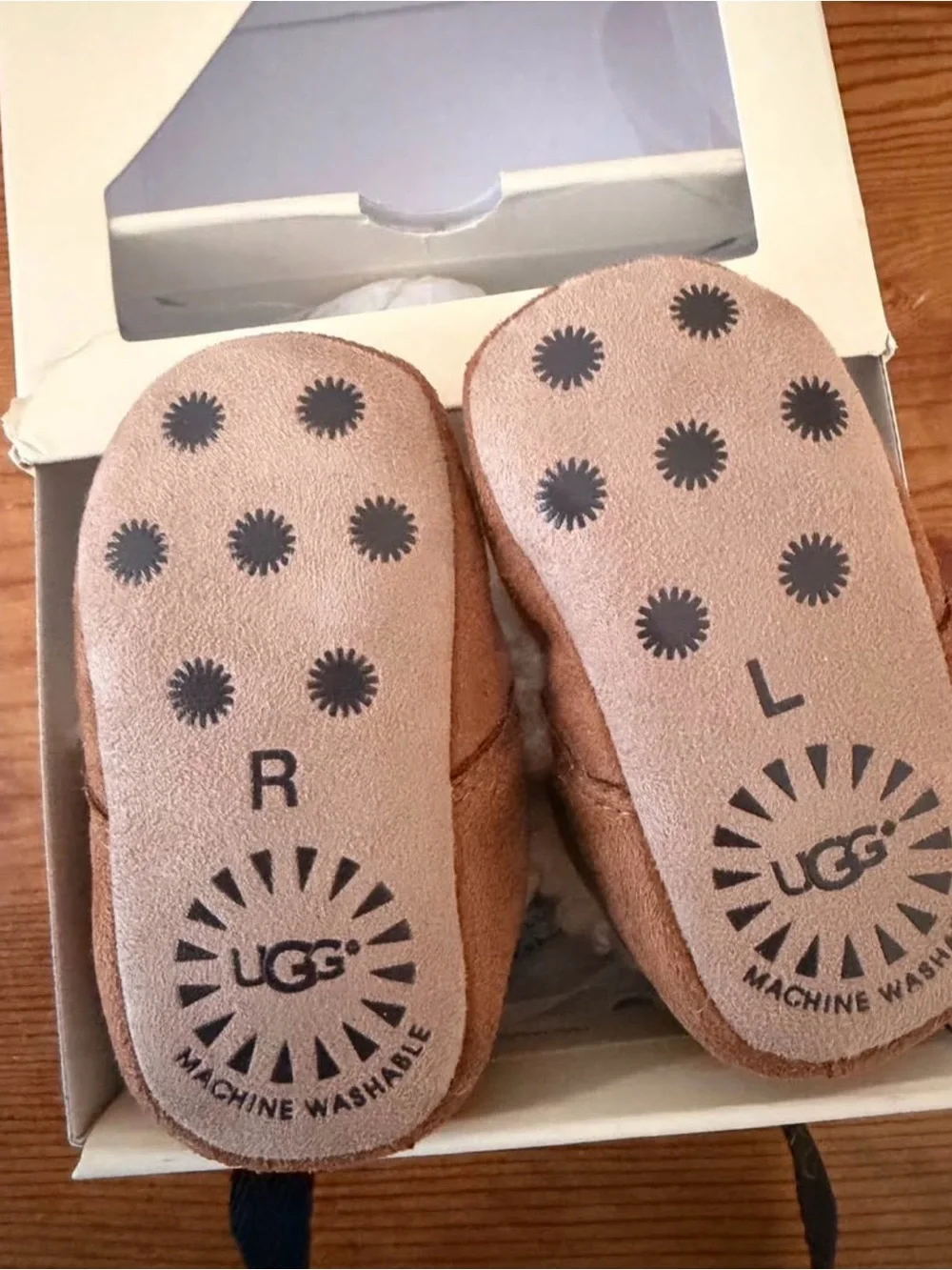 UGG Baby Walker Booties in Chestnut Brown with White Sherpa Bow